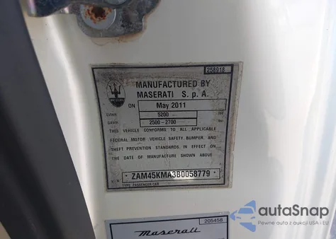 2011 Maserati Granturismo from USA, damaged, VIN ZAM45KMA3B0058779